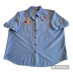 Napa Valley Women's XL Blue Embroidered Short Sleeve Button-Up Shirt